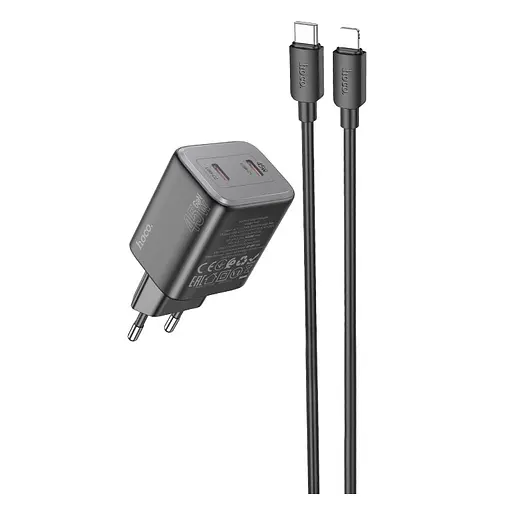 Сетевое зарядное устройство с кабелем Hoco N42 Elogiado dual-port PD45W(2C) charger set(C to iP) черный - фото 1