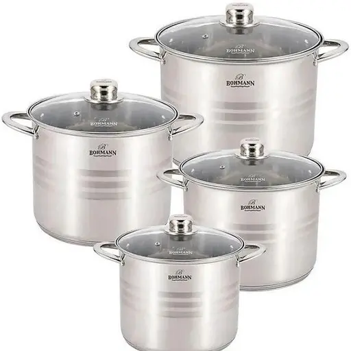 Набор больших кастрюль Bohmann из нержавеющей стали с крышками 7л, 9л, 11.5л, 13.5л BH 4 кастрюли - фото 1