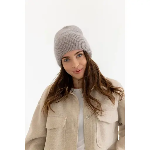 Женская вязаная шапка ангора 80% с орнаментом и флисовой подкладкой Серый - фото 1