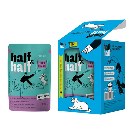 Набор влажных кормов Half & Half 5+1 для взрослых собак, кусочки с уткой в ​​соусе (6 шт. x 100 г) - фото 2