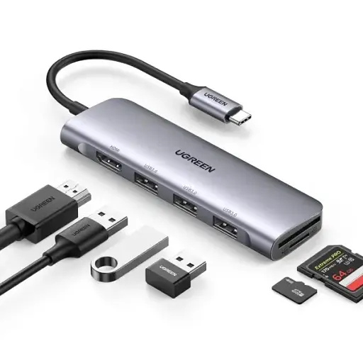 Разветвитель - хаб Ugreen CM195 ​​Usb-C to 2 Ports Usb3.0-A Hub + HDMI + TF / SD (UGR-70411) серый - фото 2