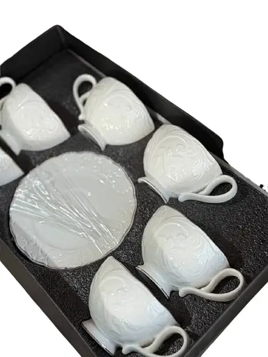 Фарфоровый сервиз Фростинг с рельефным декором 6 чашек с блюдцем для кофе и чая 200 мл Белый - фото 5