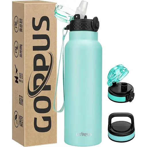 24-унционная изолированная бутылка для воды GOPPUS с соломкой, спортивная бутылка для воды из нержавеющей стали с 3 крышками