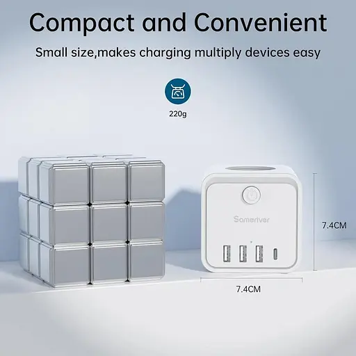 Зарядний пристрій Sameriver 7-в-1 з USB-портом Cube, 3 розетки та 1 USB-порт типу A з 3 USB-портами типу C - фото 4