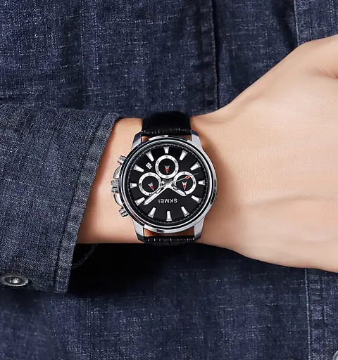 Чоловічий наручний годинник Skmei 2071 з ремінцем з еко-шкіри (Чорний з сріблястим) - фото 4