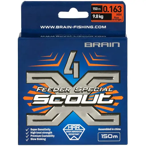 Шнур Brain Scout 4X 150 м (fluoro Orange) 0.163 мм 9.8 кг - фото 2