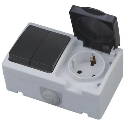 Розетка Horoz Electric Atom, 1-на накладная с заземлением, с крышкой, с 2-м выключателем, черно-серая