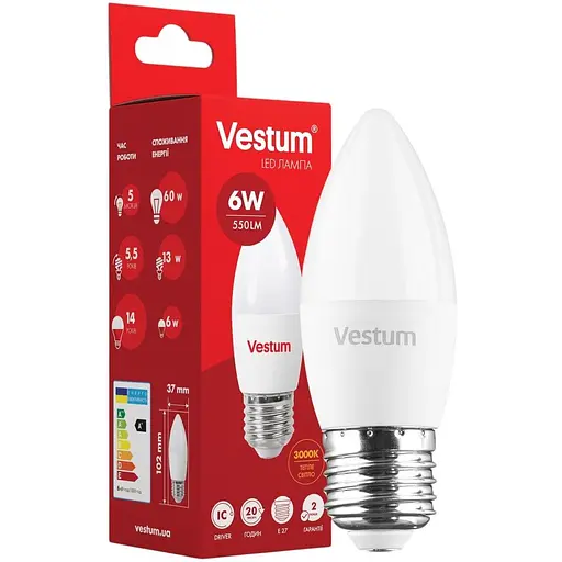 Світлодіодна лампа Vestum C37 6W 3000K 220V E27 1-VS-1302