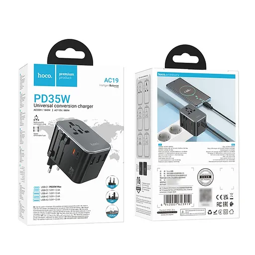 Мережевий зарядний пристрій Hoco AC19 3 USB/2 Type-C PD 35W чорний - фото 8