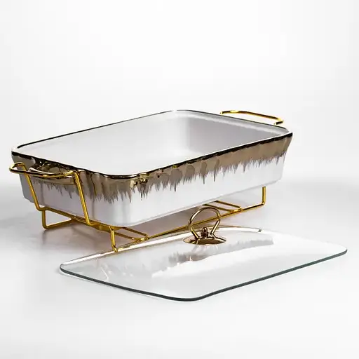 Мармитница фарфоровая Yiwu 2 л прямоугольная со стеклянной крышкой 40х22.5х15.5 см мармит на подставке для первых блюд ML525-15 - фото 4