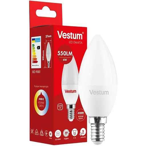 Світлодіодна лампа Vestum C37 6W 4100K 220V E14 1-VS-1303