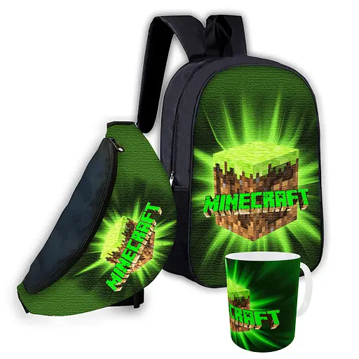 Набор детский Майнкрафт Крипер "Minecraft" рюкзак 36х27см сумка-бананка, кружка с принтом для мальчика (01553)