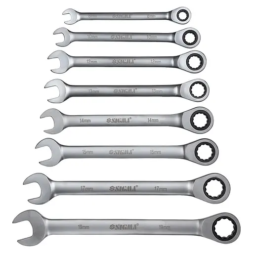 Набор ключей рожково-накидных Sigma с трещоточкой 8 шт (8, 10, 12, 13, 14, 15, 17, 19 мм) CrV satine (6010521) - фото 2
