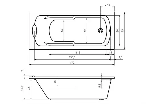 Ванна акриловая Rho Vrgo ВZ07 170x75 BZ0700500000000 - фото 2