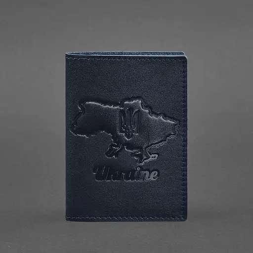 Кожаная обложка для паспорта с картой Украины синий краст - фото 5