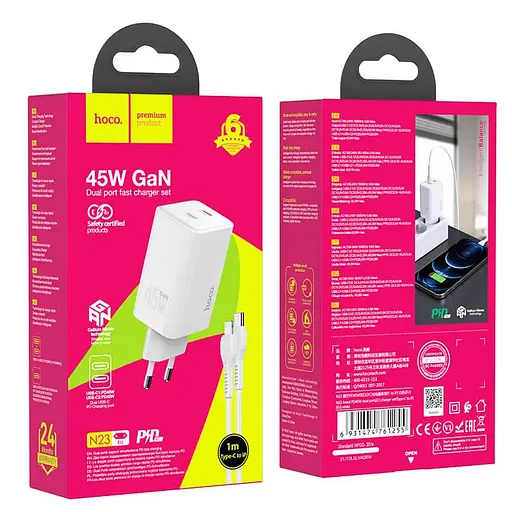 Адаптер сетевой HOCO Type-c to Lightning Cable Astral N23 2Type-C 45W белое - фото 7