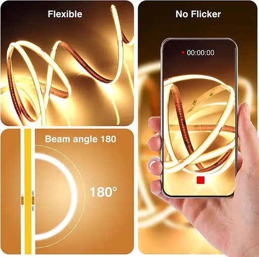 Світлодіодна стрічка COB 5 м, світлодіодна стрічка теплого білого кольору 3000 K, 24 В з димуванням, CRI92, ширина 8 мм, з пультом - фото 6