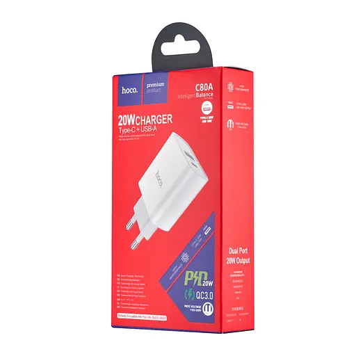 Сетевые зарядные устройства Hoco C80A Rapido PD20W + QC3.0 charger (EU) Белый - фото 2
