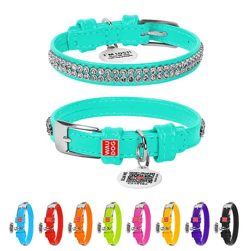 Нашийник для собак шкіряний Waudog Glamour з QR-паспортом з прикрасою "Полотно стрази" XXS Ш 9 мм Д 18-21 см ментоловий - фото 2