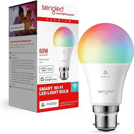 Світлодіодна інтелектуальна лампочка Sengled (B22), з підтримкою Matter, багатобарвна, працює з Alexa, еквівалент 60 Вт, 800 лм, м