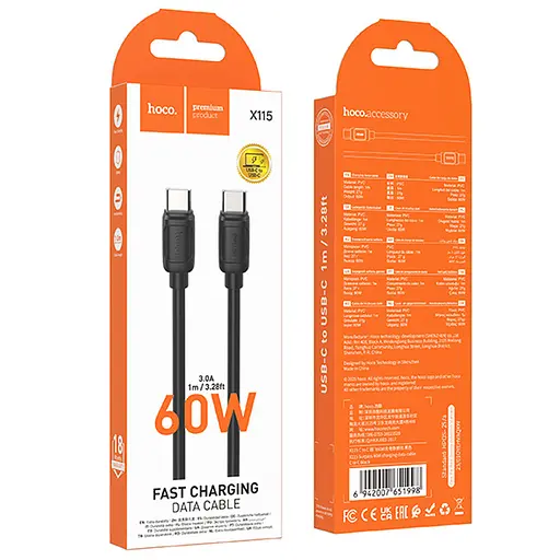Дата кабель Hoco X115 Surpass Type-C to Type-C 60W (1m) Black - фото 5