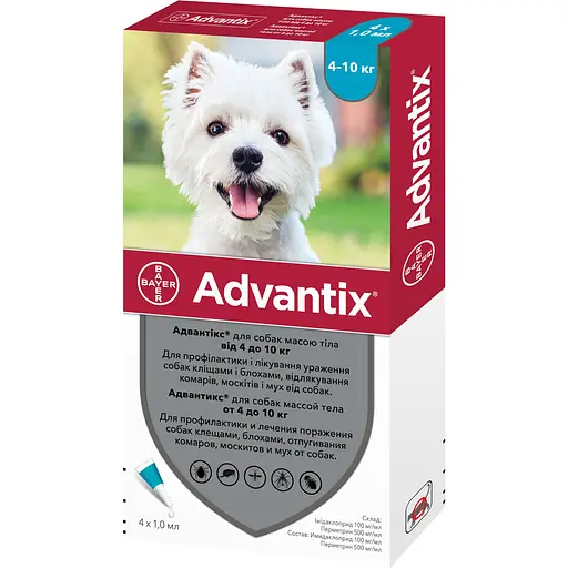 Капли Elanco (Bayer) Advantix от блох и клещей для собак от 4 до 10 кг 4 пипетки - фото 2