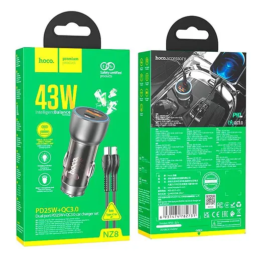 Адаптер автомобильный HOCO Type-C Lightning cable Sprinter dual port car charger NZ8 синий - фото 3