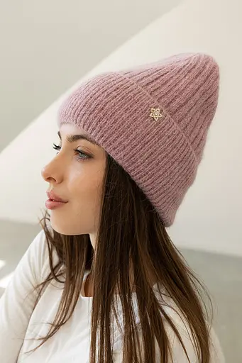 Женская зимняя шапка Бини Ангора с ангорой 80% орнаментом и флисовой подкладкой Пудрово-розовый - фото 2