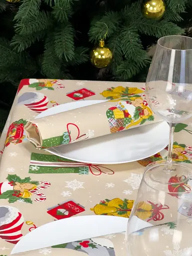 Водоотталкивающая Скатерть новогодняя с принтом Рождественский декор 220х140 см (+ 4 салфетки 30х40) Бежевый - фото 4