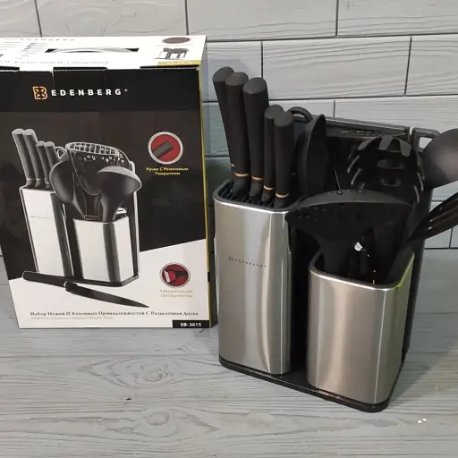 Набор кухонных ножей из нержавеющей стали на подставке 5 предметов + Набор кухонных принадлежностей 7 предметов Edenberg EB-3615 - фото 4