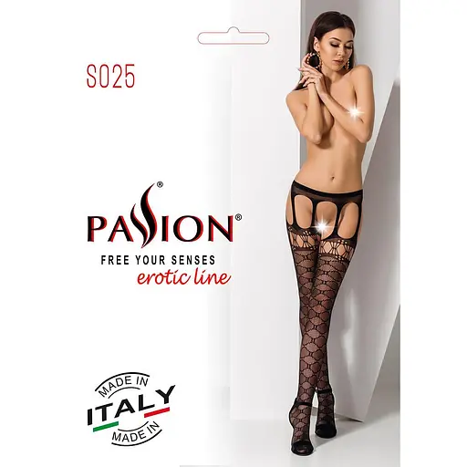 Эротические колготки-бодистокинг Passion S025 black имитация ажурных чулочков с пояском S/M/L - фото 7