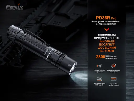 Ручний тактичний ліхтарик Fenix PD36R Pro 2800лм type-C (Чорний) - фото 8