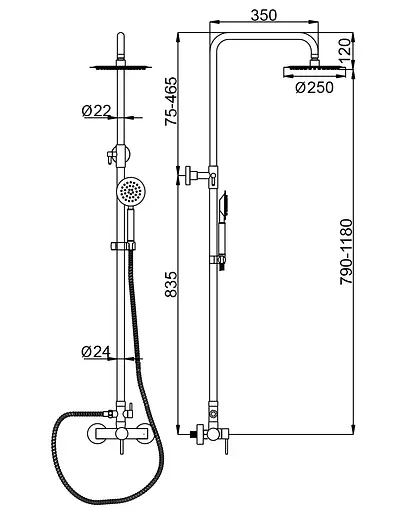Душова система Wezer EKO16B-01, девіатор 2 режими, нержавіюча сталь - фото 2