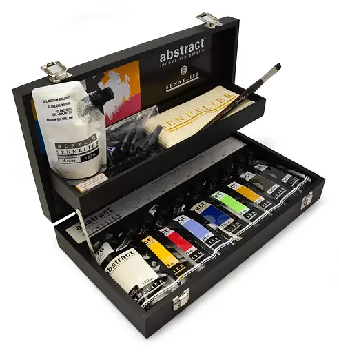 Набір акрилу Sennelier Abstract в дерев'яному пеналі, 9 кольорів по 120 мл, 8 насадок, медіум, плоска кисть, медове мило, тканину, дерев'яний чорний пенал (N121825.00)