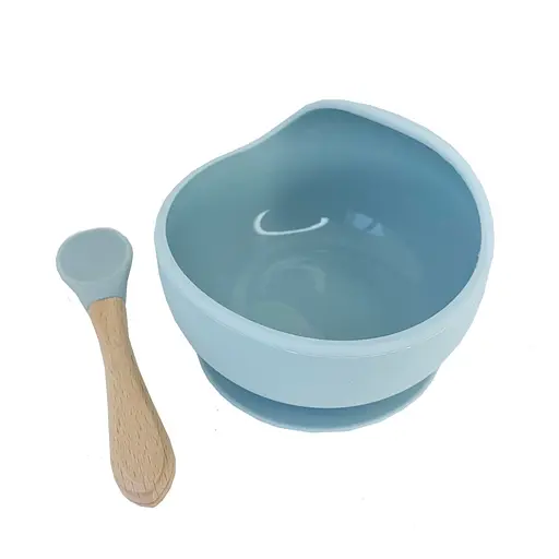 Силиконовая тарелка на присоске с деревянной ложкой MGZ-0103(Grey) 300 мл