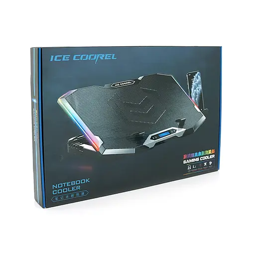 Підставка під ноутбук IceCoorel K10, 10-17", 8 * 70mm, корпус пластик + алюміній, 2xUSB2.0 + LCD, 410x297x40mm, RGB, Box, Q10 - фото 2