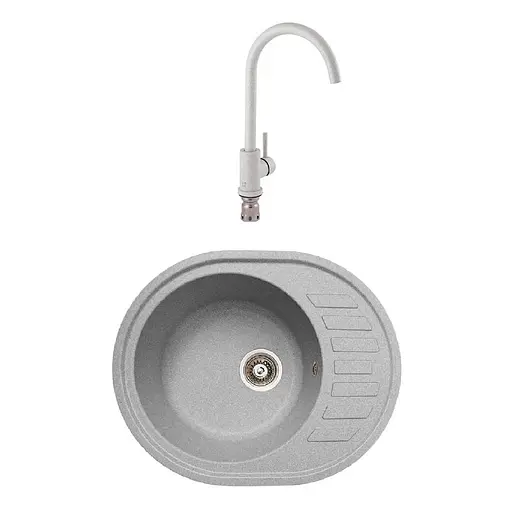 Гранитная мойка с краном овальной формы WIZ №11 620х500 мм (Серая)