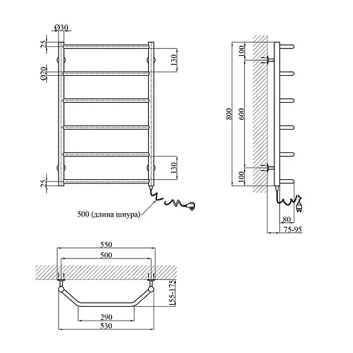Рушникосушарка електрична Kroner Трапеція ДТ10ER 800x500/6 ER CV023136, Хром, Праве - фото 2