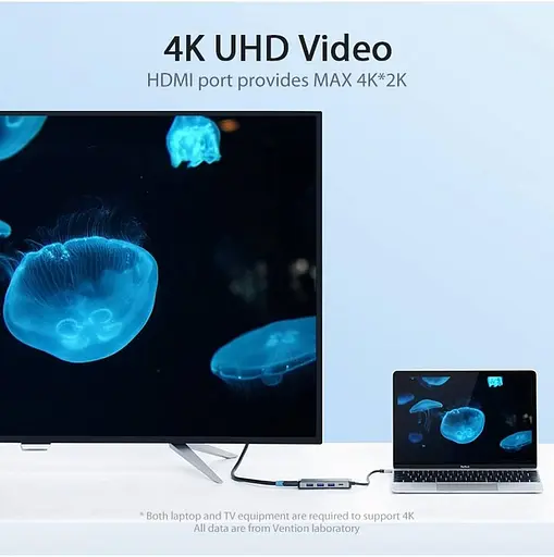 Usb-хаб Vention Type-C to HDMI / Usb3.0x3 / PD Converter 0. 15M сірий Metal Type (CNBHB) - фото 3