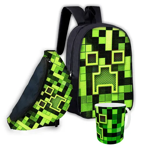 Набор детский Майнкрафт Крипер "Minecraft" рюкзак 36х27см сумка-бананка, кружка с принтом для мальчика (01560)