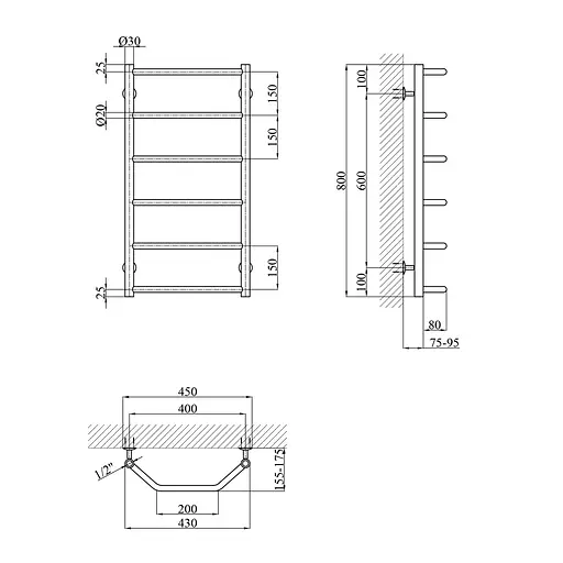 Рушникосушарка водяна Kroner Трапеція ДТ04 800x430/6 CV017226, Хром, нижнее - фото 2