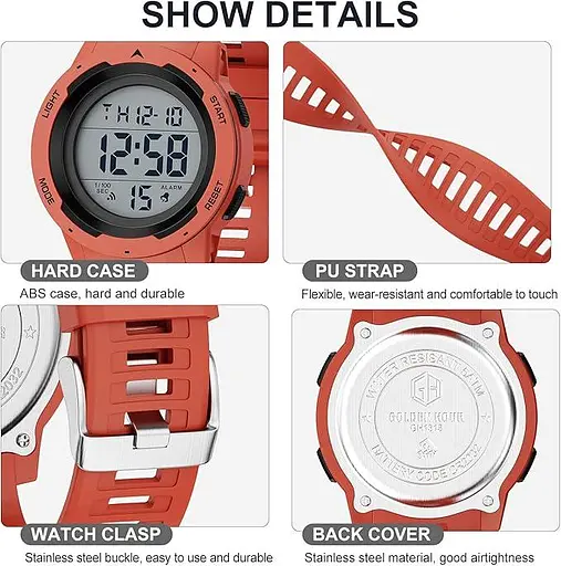 GOLDEN HOUR Мужские водонепроницаемые цифровые часы с широким экраном, легко читаемый дисплей в стиле милитари - фото 4