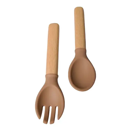 Прилади силіконові дитячі OldBro ложка та вилка з дерев'яною ручкою, brown - фото 3