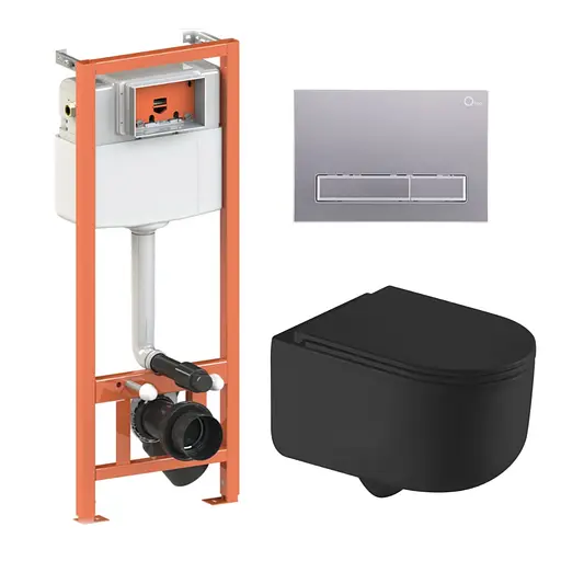Подвесной унитаз Qtap Taurus Ultra Quiet + инсталляция Qtap Nest 4 в 1 (линейная клавиша Satin), Черный - фото 1