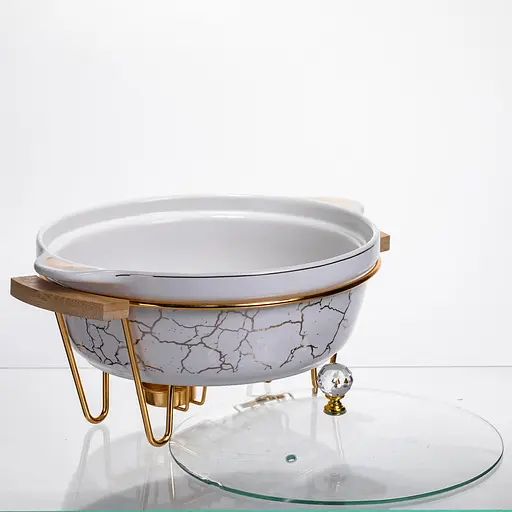 Мармит фарфоровый настольный круглый 2(л) мармитница с подогревом Белый мрамор Yiwu LC-712 - фото 6