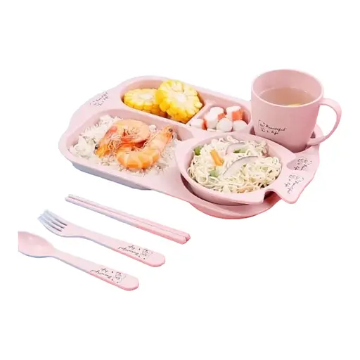 Набор детской посуды из биоразлагаемого волокна пшеничной соломы 6 предметов, розовый - фото 1