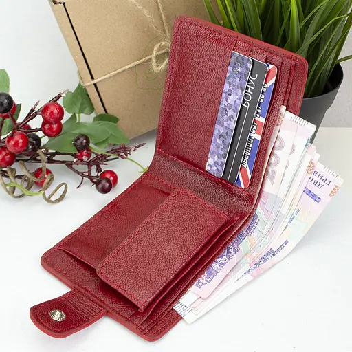 Гаманець жіночий шкіряний з гербом П6-03 червоний на кнопці - фото 8