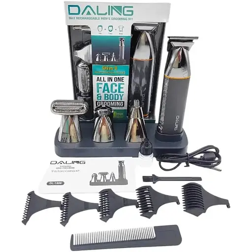 Акумуляторна машинка Daling DL-1806 9 в 1 чоловічий триммер для бороди носа і волосся LED-дисплей 5Вт Сірий - фото 1