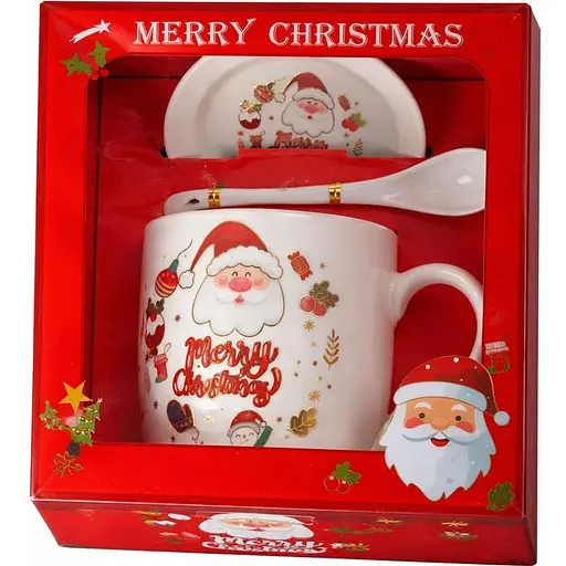 Чашка новогодняя Elisey 9150-005-2 Merry Christmas керамическая с ложкой и блюдцем 350 мл Белая - фото 1