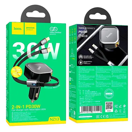 Адаптер автомобильный Hoco Clever PD30W Car charger with telescopic cable NZ13 (Type-C+iP) - фото 2